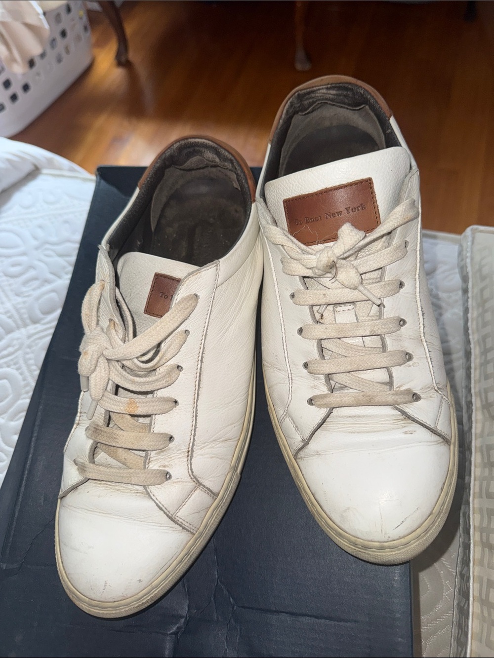 Tory Burch White Leather Low-Top Sneakers with Brown Leather Tongue Patch